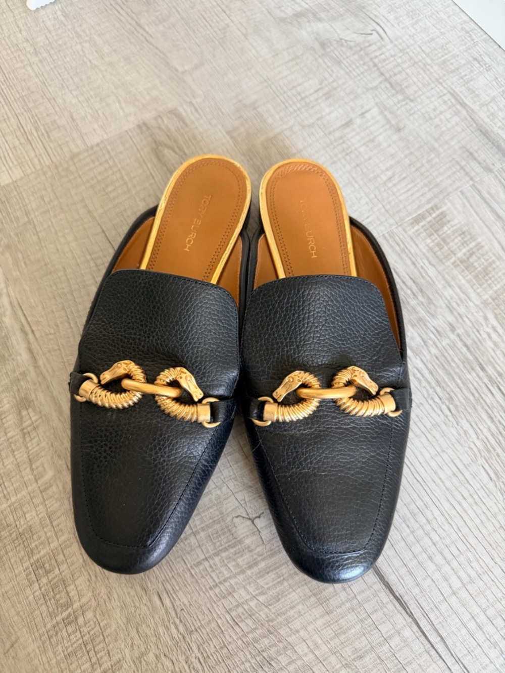 Tory Burch Black Leather Loafers with Gold Accent and Tan Interior